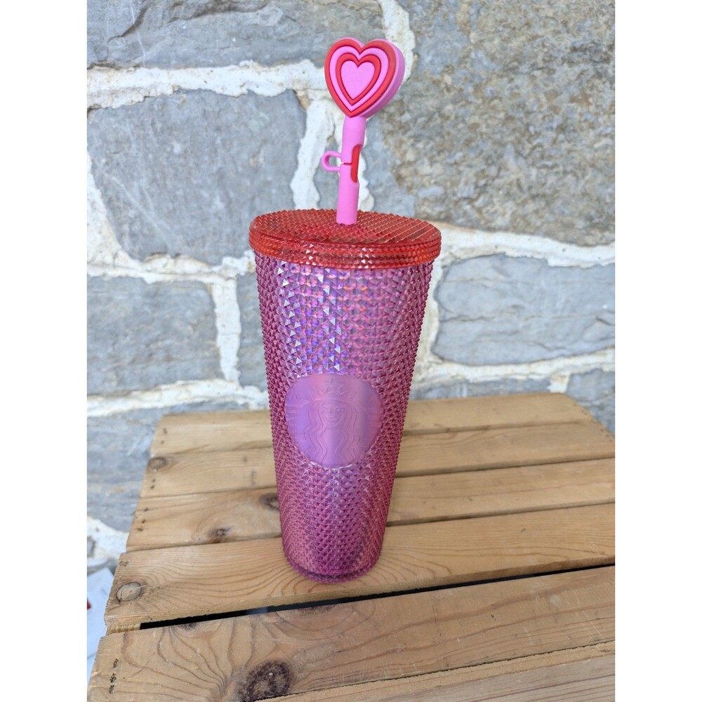 NWT Disney Starbucks 2024 Valentine Pink Studded Tumbler Venti 24oz Heart Straw